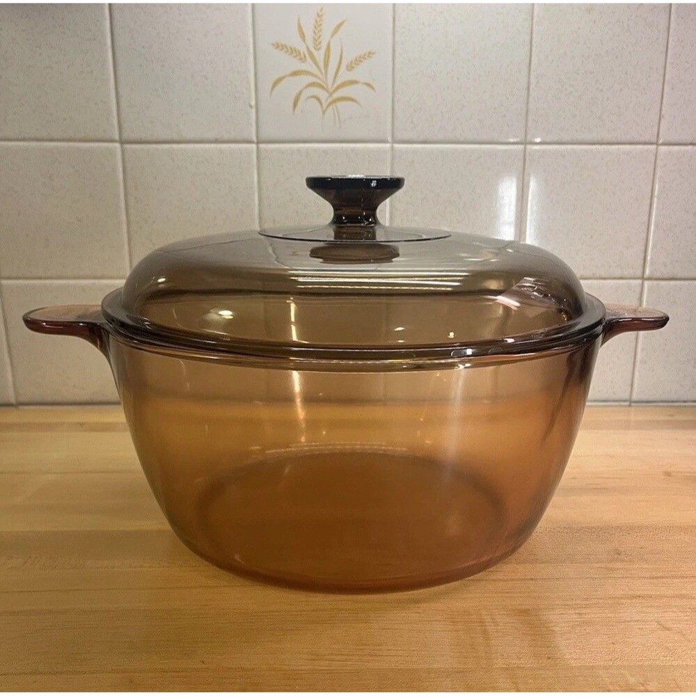 Vtg Corning Ware Visions Amber Glass Cookware 4.5L Dutch Oven Pyrex Lid Like New